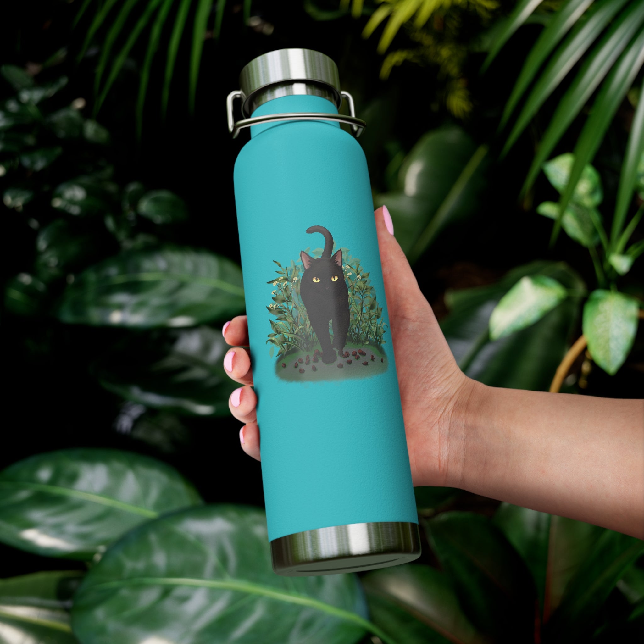 Black Mysterious Black Cat in Bushes 22oz Copper Vacuum Insulated Bottle