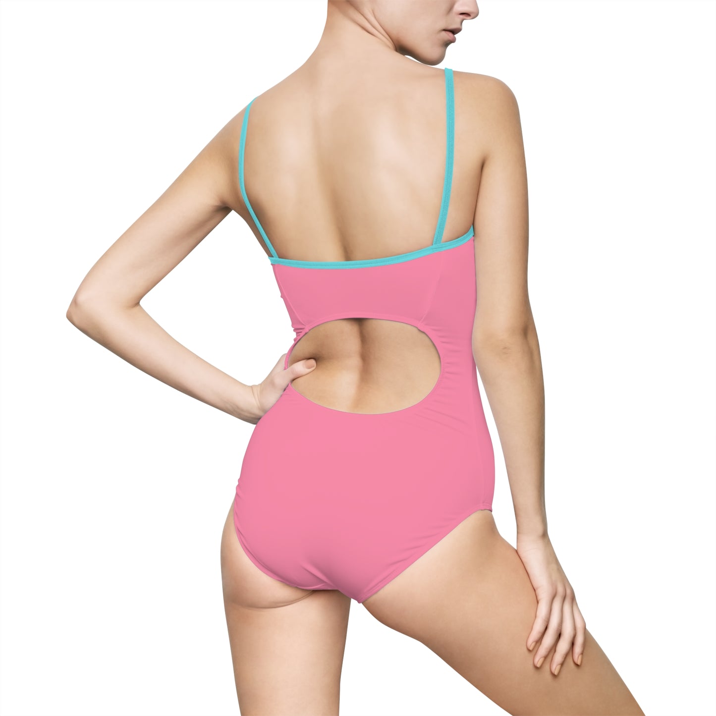Women's One Piece Swimsuit (Blue heart on pink background)