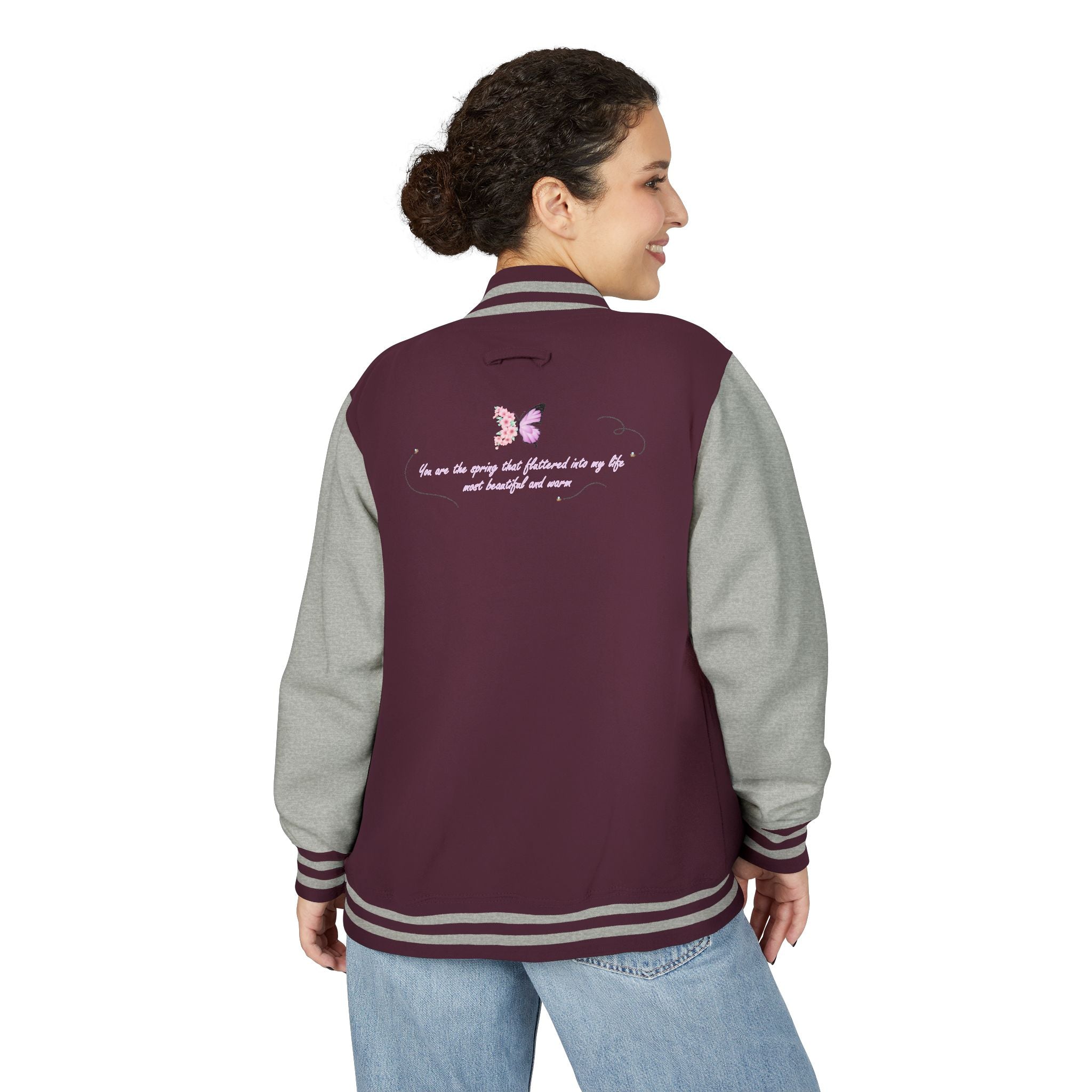 Unisex Navy Blue Floral Butterfly Spring Quote Cotton Blend Letterman Jacket