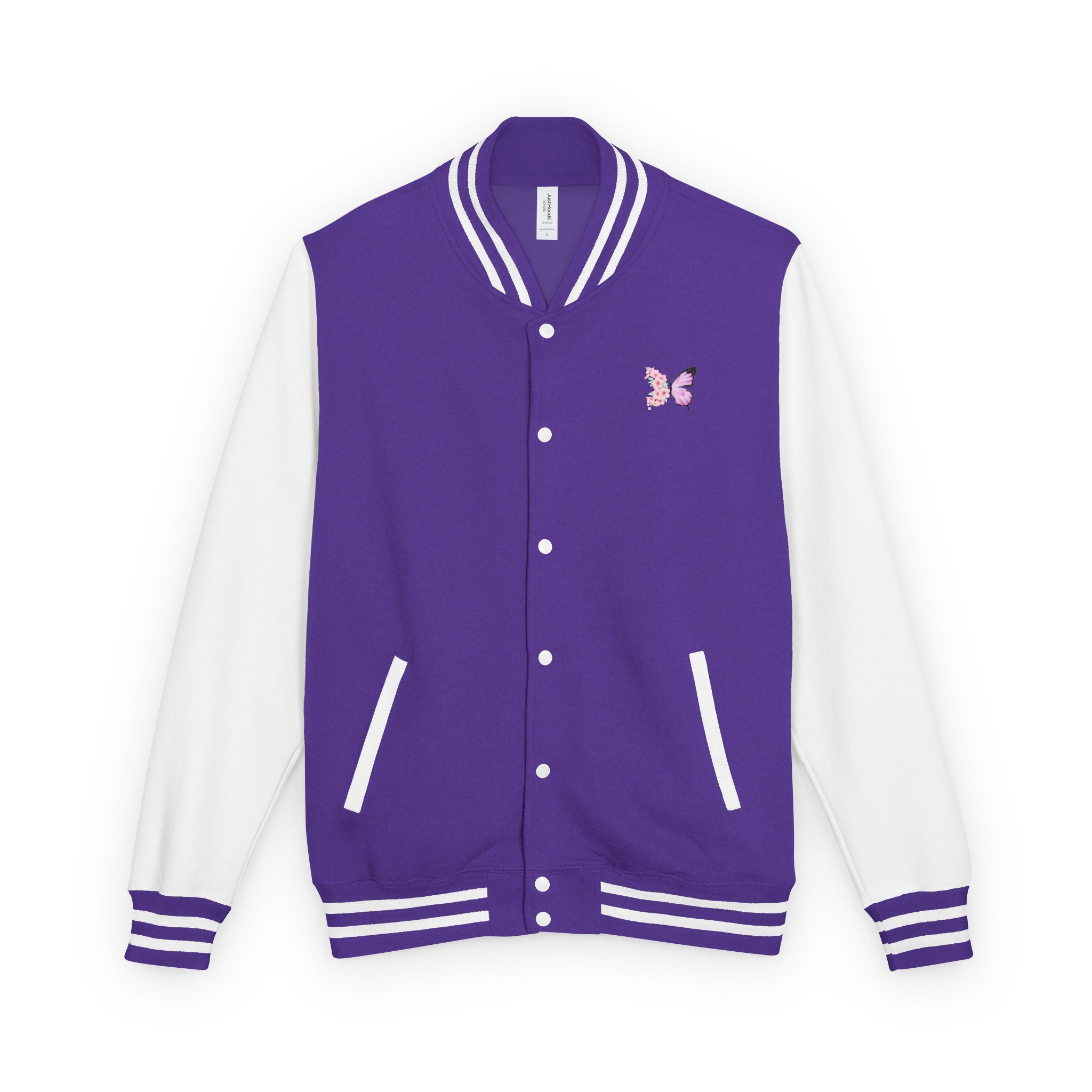 Unisex Navy Blue Floral Butterfly Spring Quote Cotton Blend Letterman Jacket