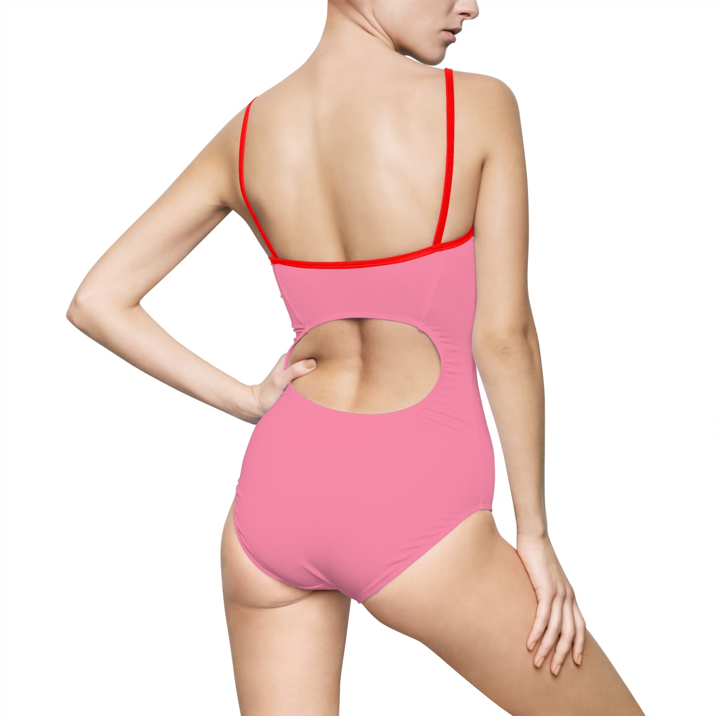 Women's One Piece Swimsuit (Blue heart on pink background)