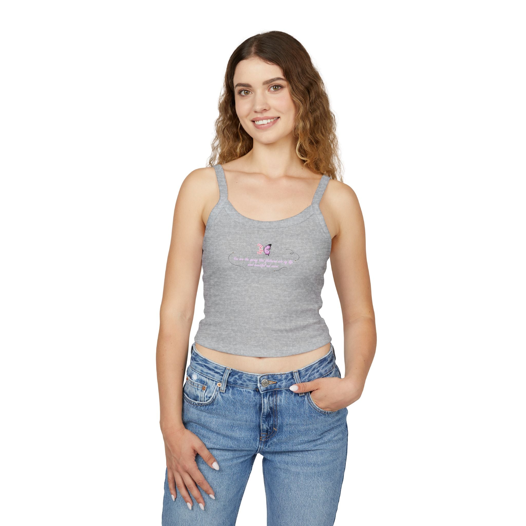 Women's Pink Floral Butterfly Spring Quote Cotton Blend Spaghetti Strap Tank Top