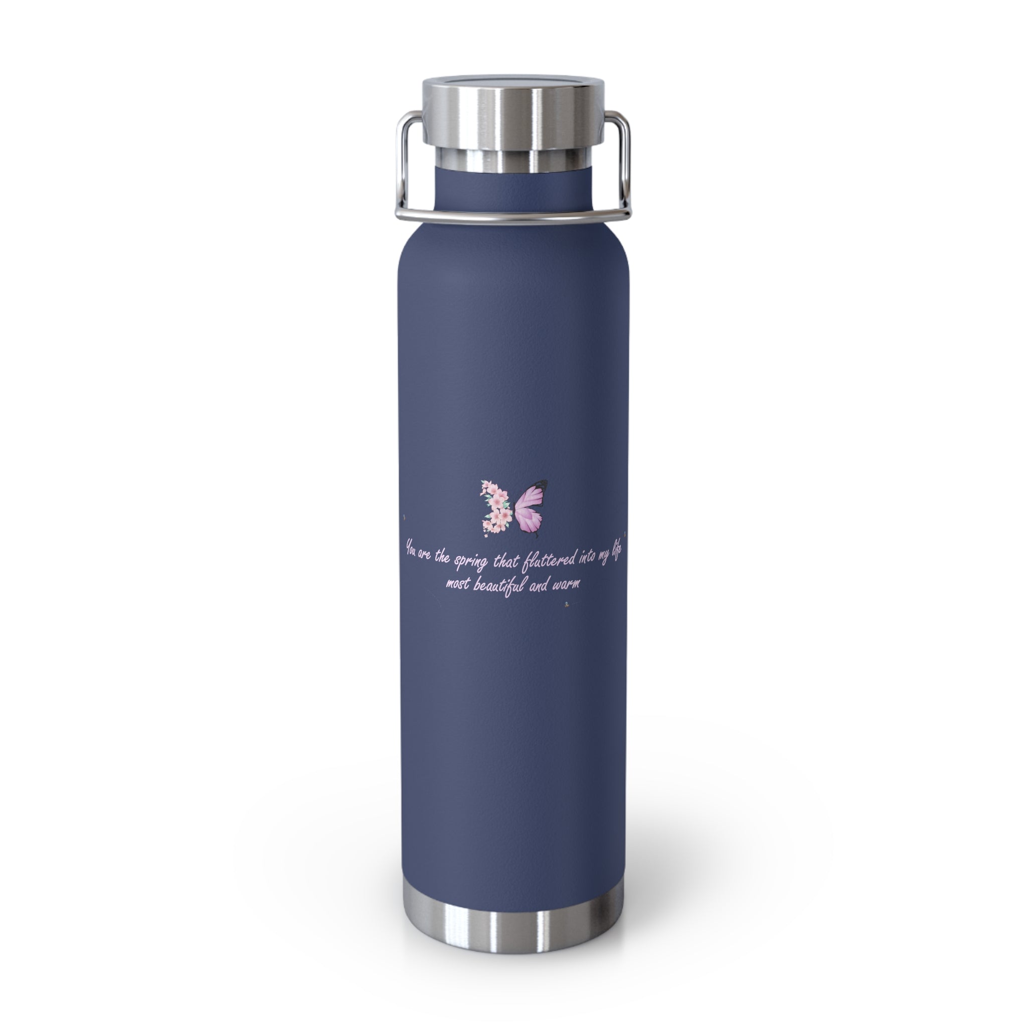 Navy Blue Romantic Floral Butterfly Quote 22oz Copper Vacuum Insulated Bottle