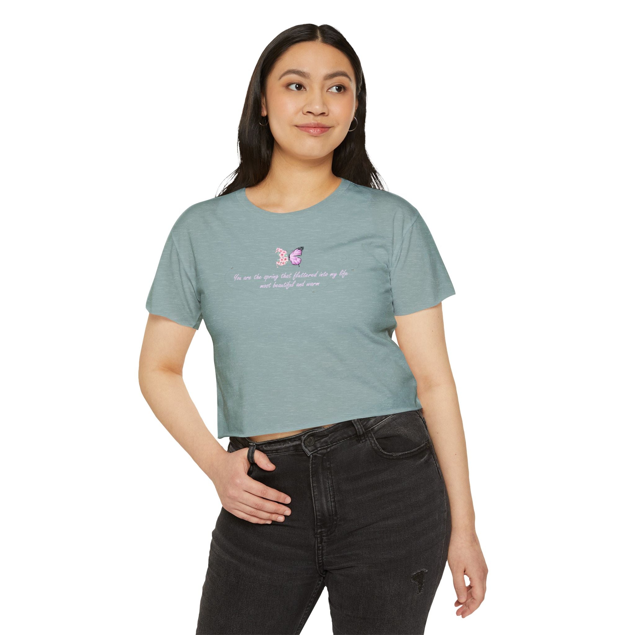 Women's Purple Floral Butterfly Spring Quote Cotton Blend Crop Top