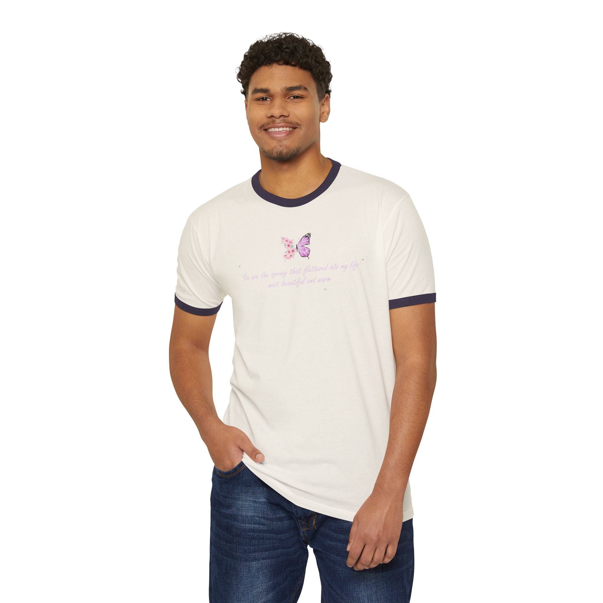 Unisex Natural Floral Butterfly Spring Quote 100% Cotton Ringer T-Shirt