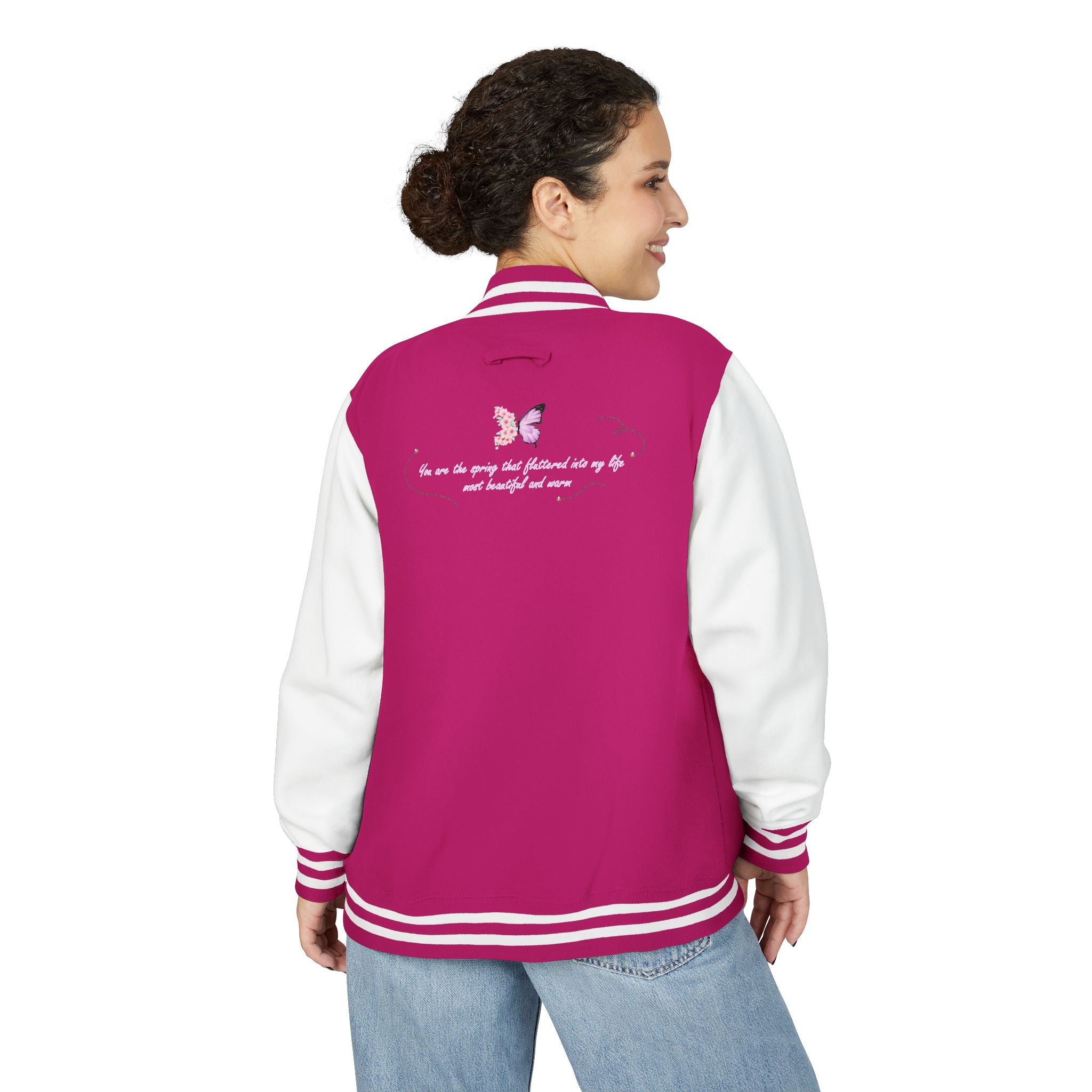 Unisex Navy Blue Floral Butterfly Spring Quote Cotton Blend Letterman Jacket